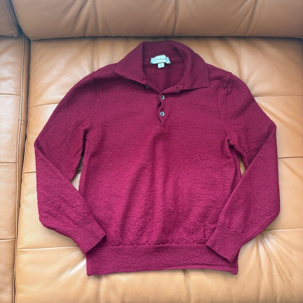 Canali Red 1/4 Buttoned Sweater w/!Collared Neckline Size 10 (48) 100 % wool